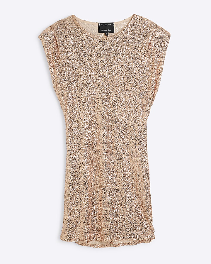 Gold Sequin Shoulder Pad Mini Dress