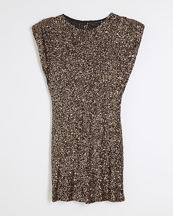 Brown Sequin Shoulder Padded Mini Dress