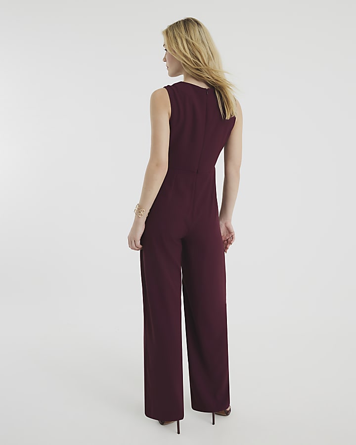 Purple Sleeveless Belted Jumpsuit
