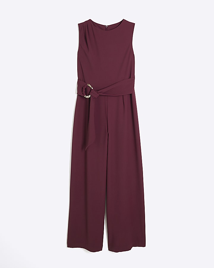 Purple Sleeveless Belted Jumpsuit