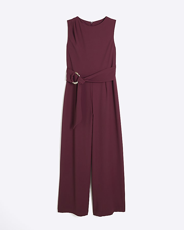 Red Sleeveless Belted Jumpsuit