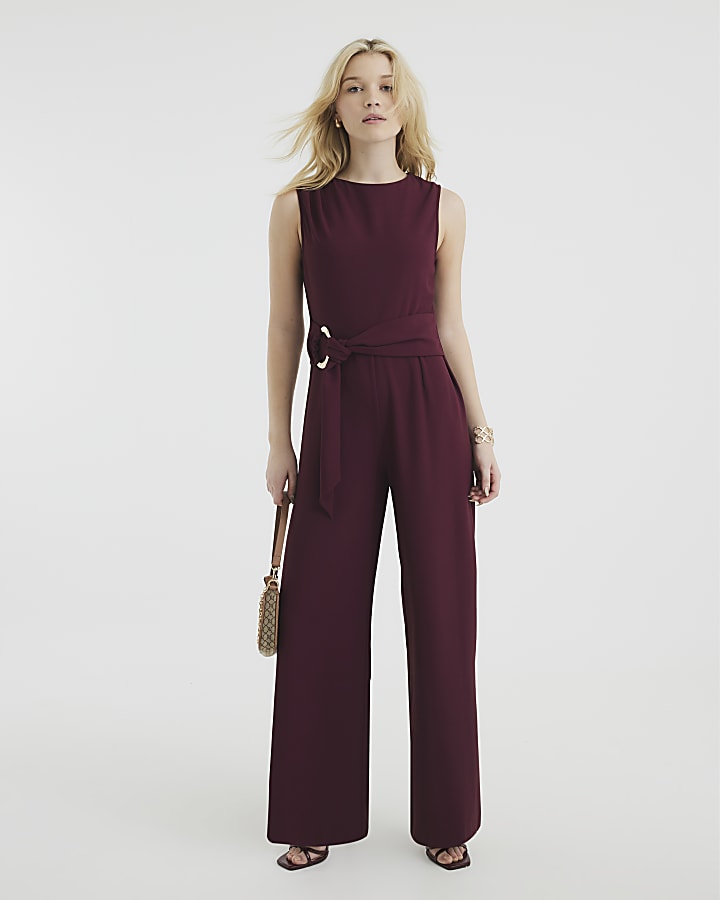 Purple Sleeveless Belted Jumpsuit