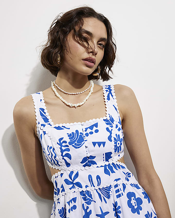 Blue Sleeveless Cut Out Printed Mini Dress