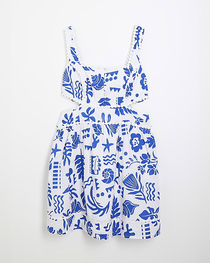 Blue Sleeveless Cut Out Printed Mini Dress