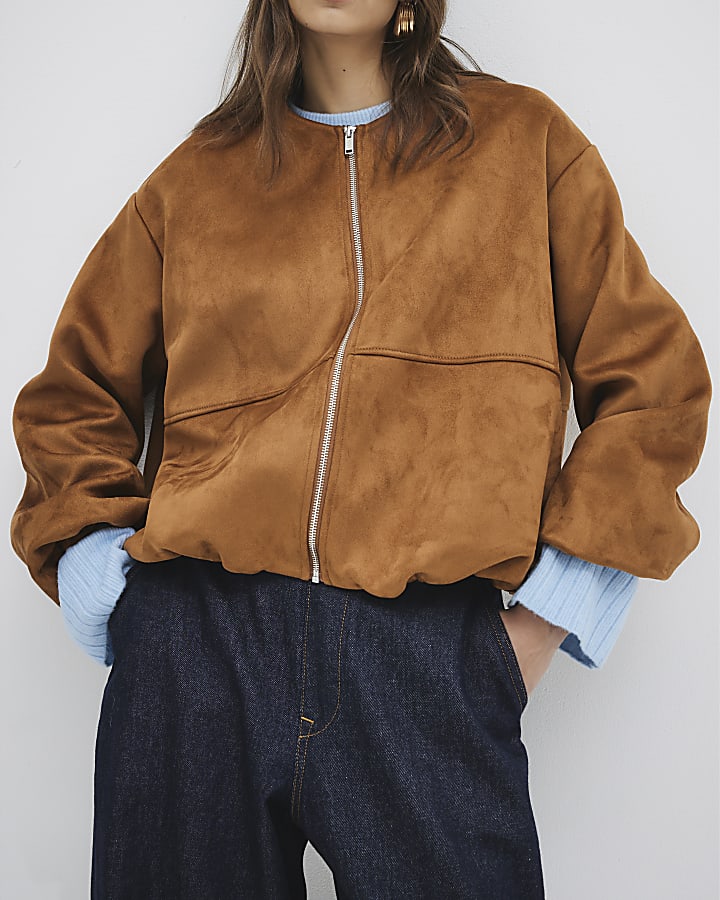 Brown Suedette Bubble Hem Bomber Jacket