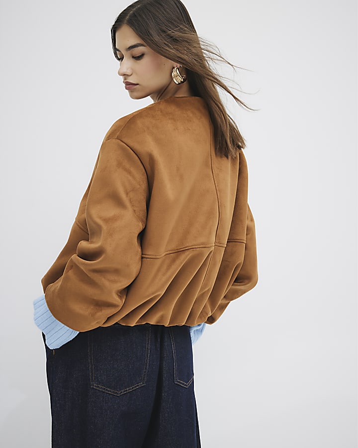 Brown Faux Suede Bubble Hem Bomber Jacket