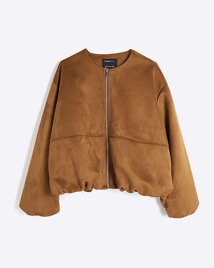 Brown Suedette Bubble Hem Bomber Jacket