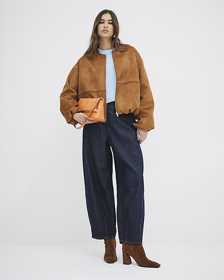 Brown Suedette Bubble Hem Bomber Jacket