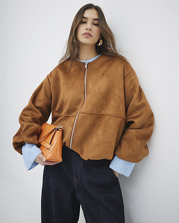 Brown Suedette Bubble Hem Bomber Jacket