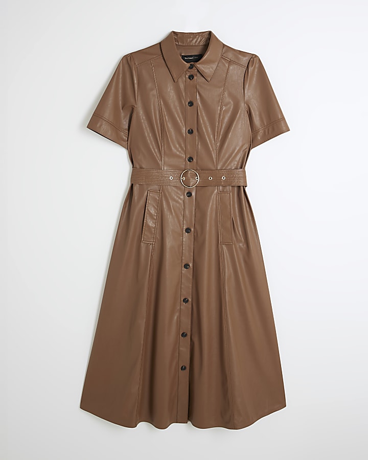 Brown Faux Leather Shirt Midi Dress