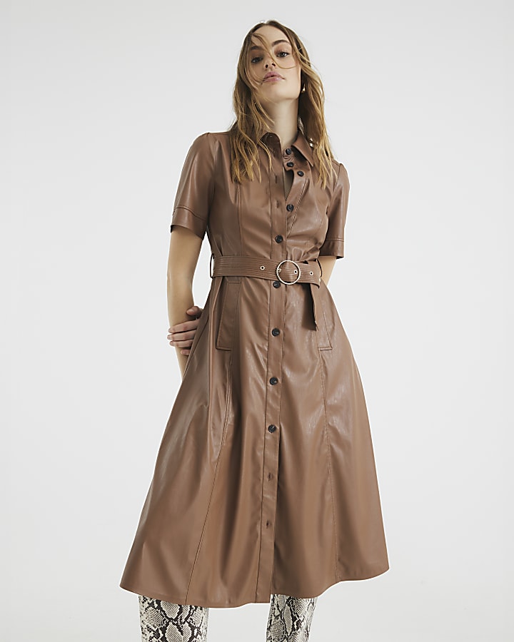 Brown Faux Leather Shirt Midi Dress