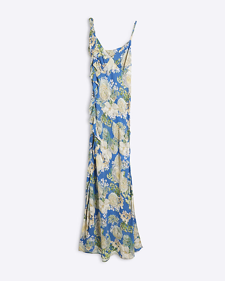 Blue Floral Ruffle Slip Maxi Dress