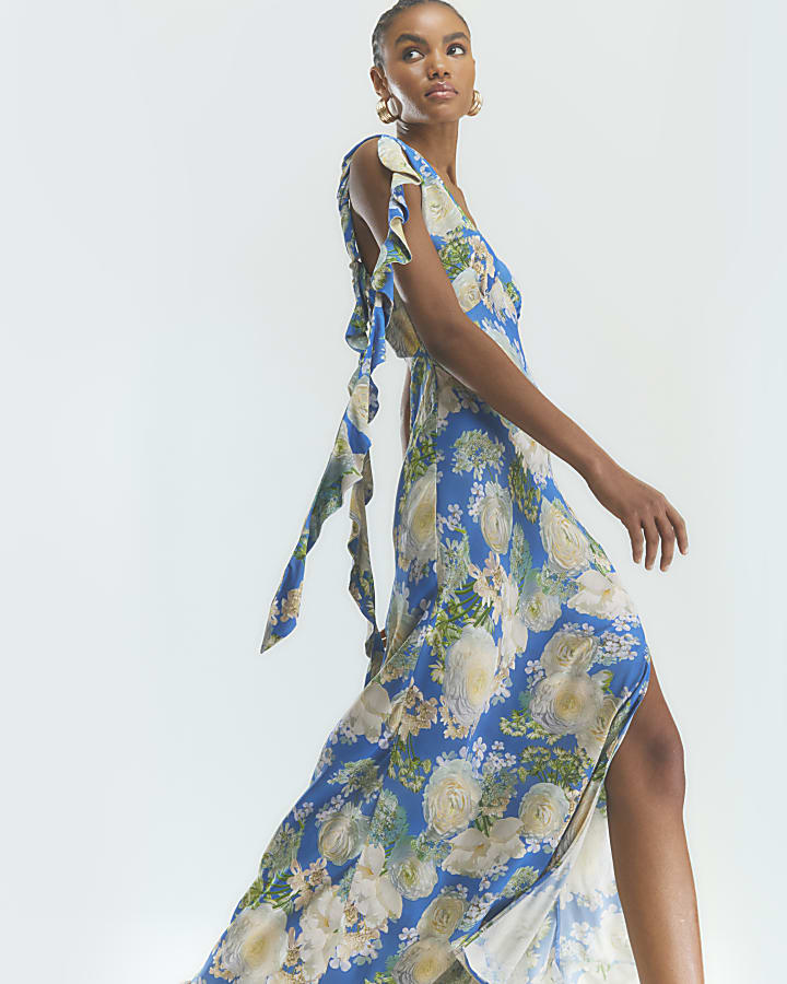 Blue Floral Ruffle Slip Maxi Dress