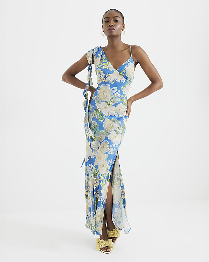 Blue Floral Ruffle Slip Maxi Dress
