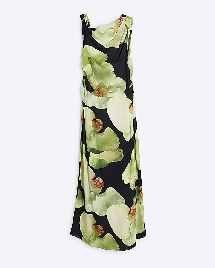 Green Twist Front Floral Maxi Dress