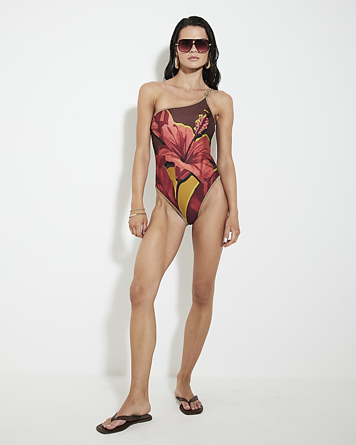 Brown One Shoulder Floral Swimsuit