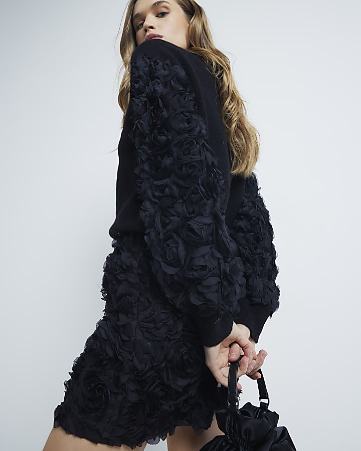 Black Long Sleeve 3D Floral Arm Jumper