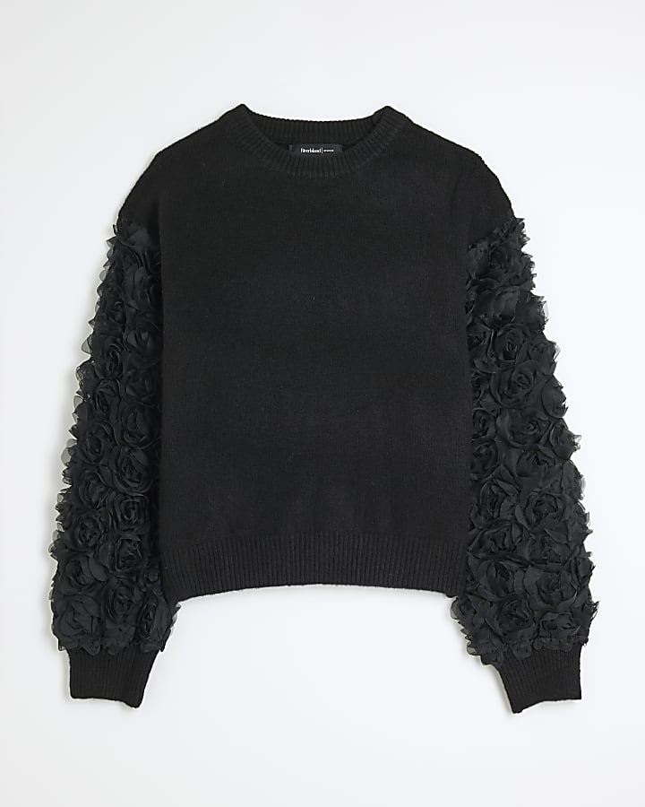 Black Long Sleeve 3D Floral Arm Jumper