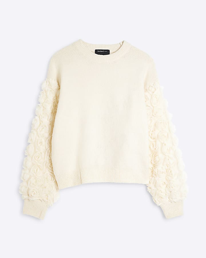 Cream Long Sleeve 3D Floral Arm Jumper