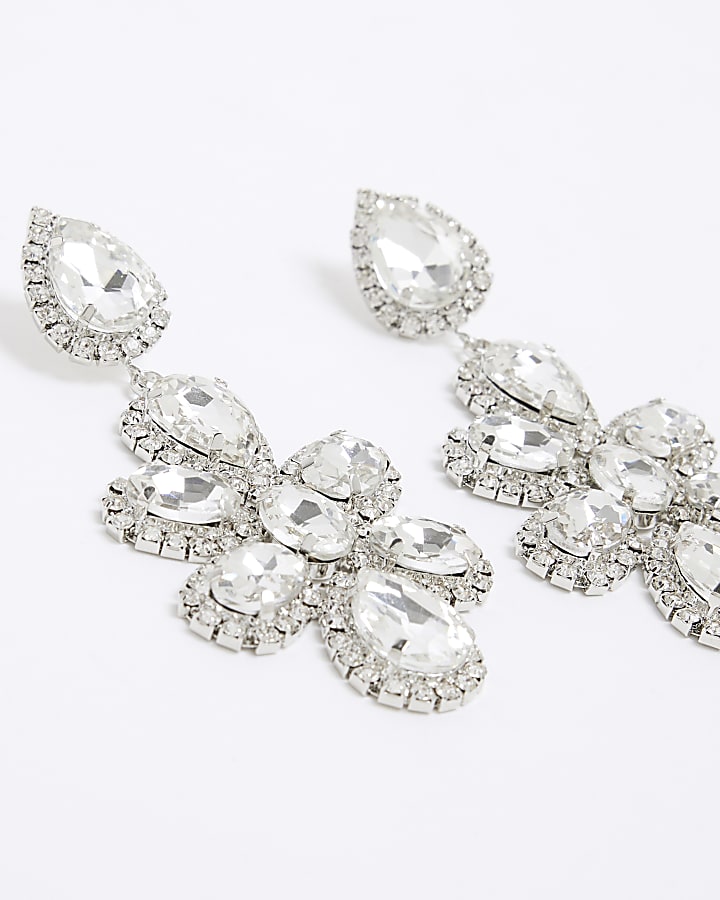 Premium Silver Crystal Flower Stud Earrings