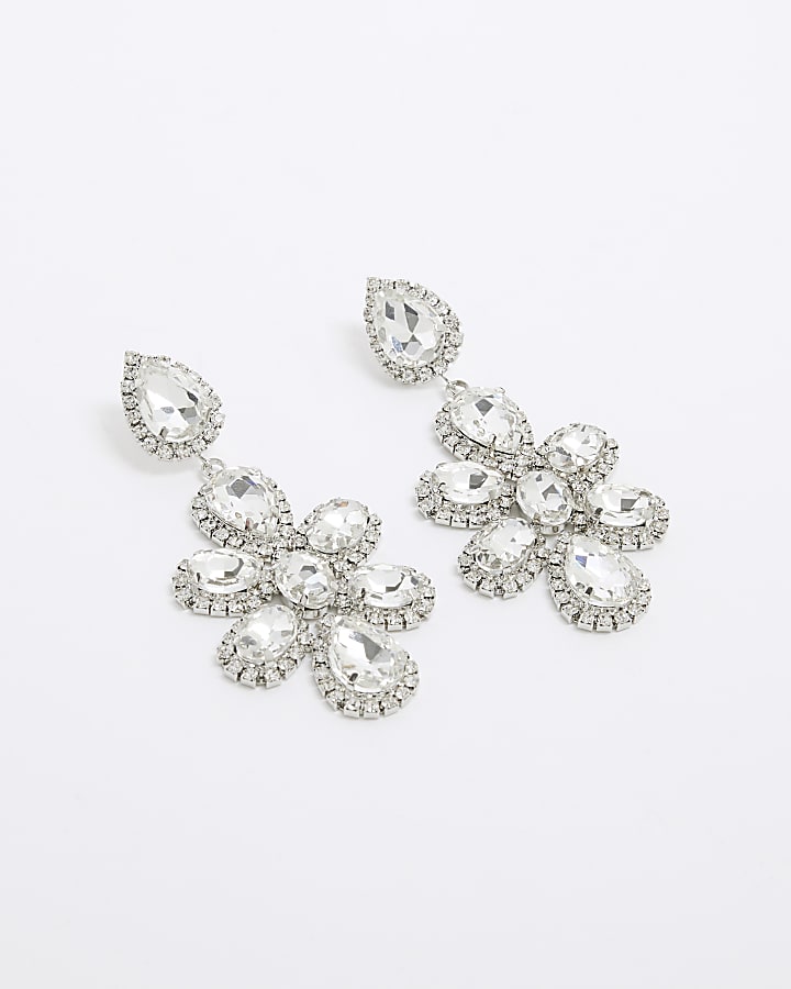 Premium Silver Crystal Flower Stud Earrings