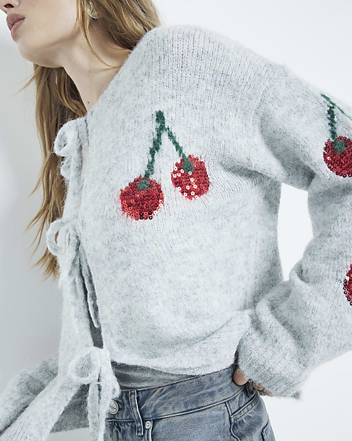 Grey Tie Front Knitted Sequin Cherry Cardigan