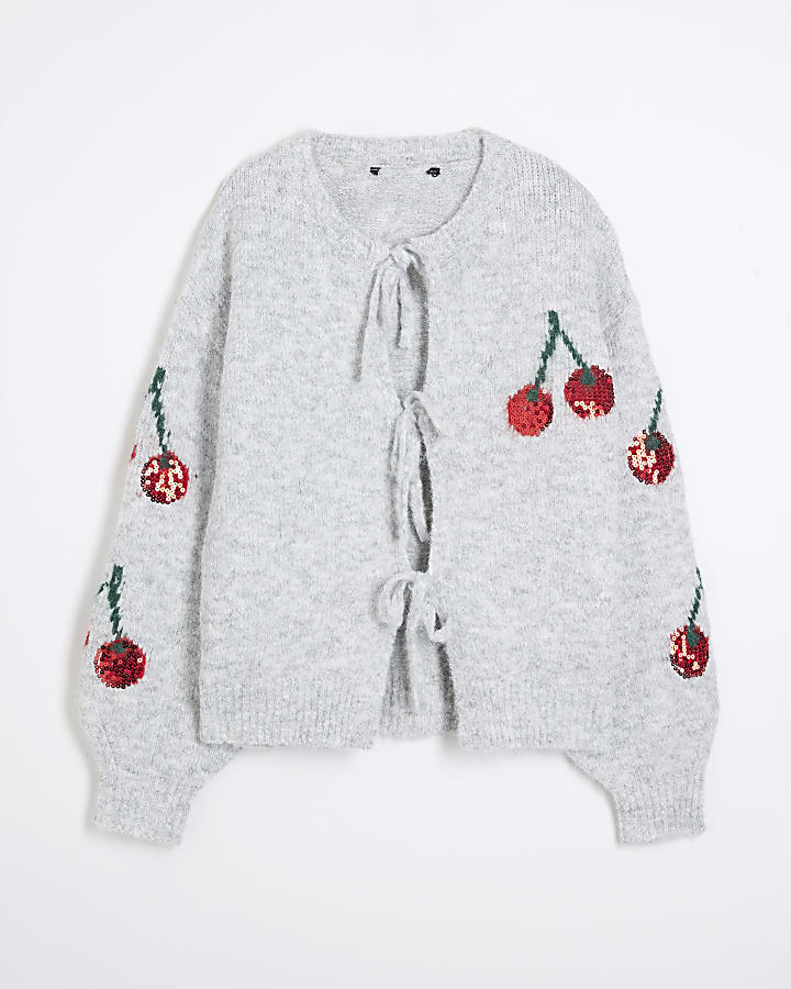 Grey Tie Front Knitted Sequin Cherry Cardigan