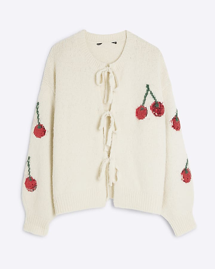 Cream Tie Front Knit Sequin Cherry Cardigan