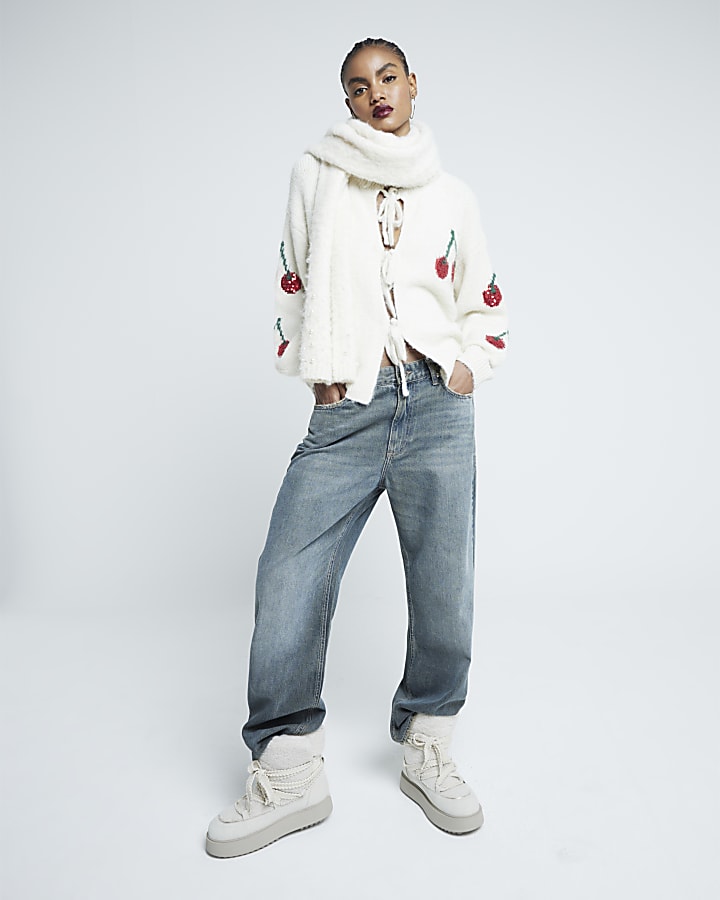 Cream Tie Front Knit Sequin Cherry Cardigan