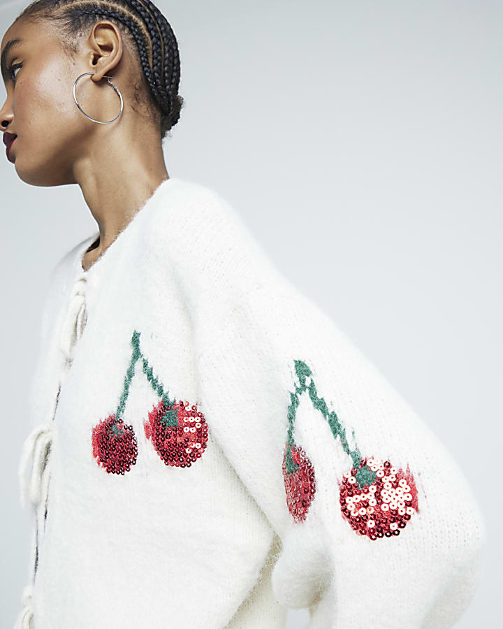Cream Tie Front Knit Sequin Cherry Cardigan