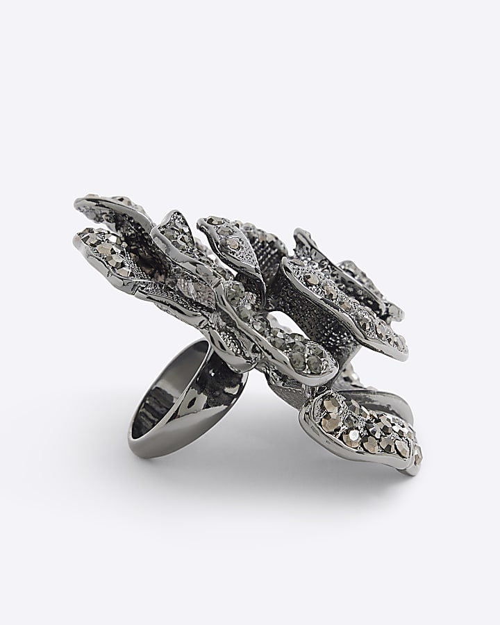 Premium Black Crystal Flower Ring