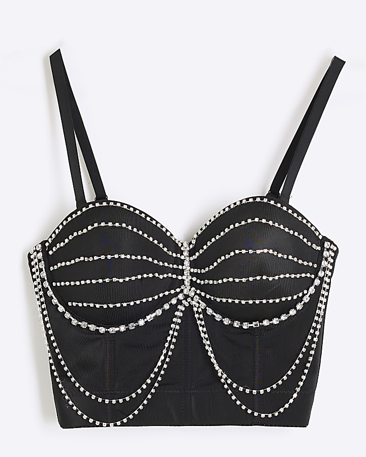 Black Denim Diamante Corset Top