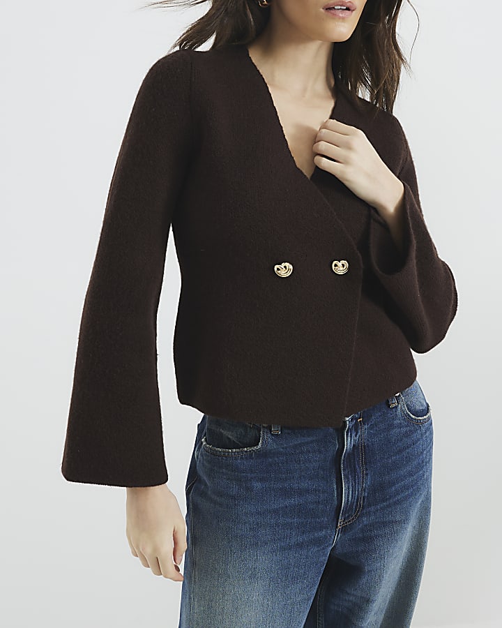 Brown Long Sleeve Asymmetric Button Cardigan