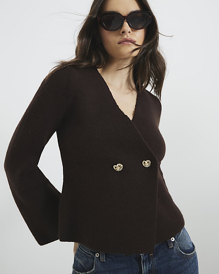 Brown Long Sleeve Asymmetric Button Cardigan