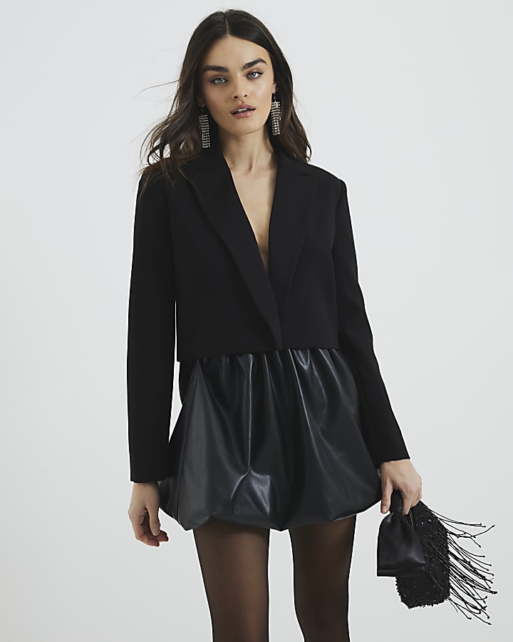 Black Faux Leather Bubble Hem Mini Skirt