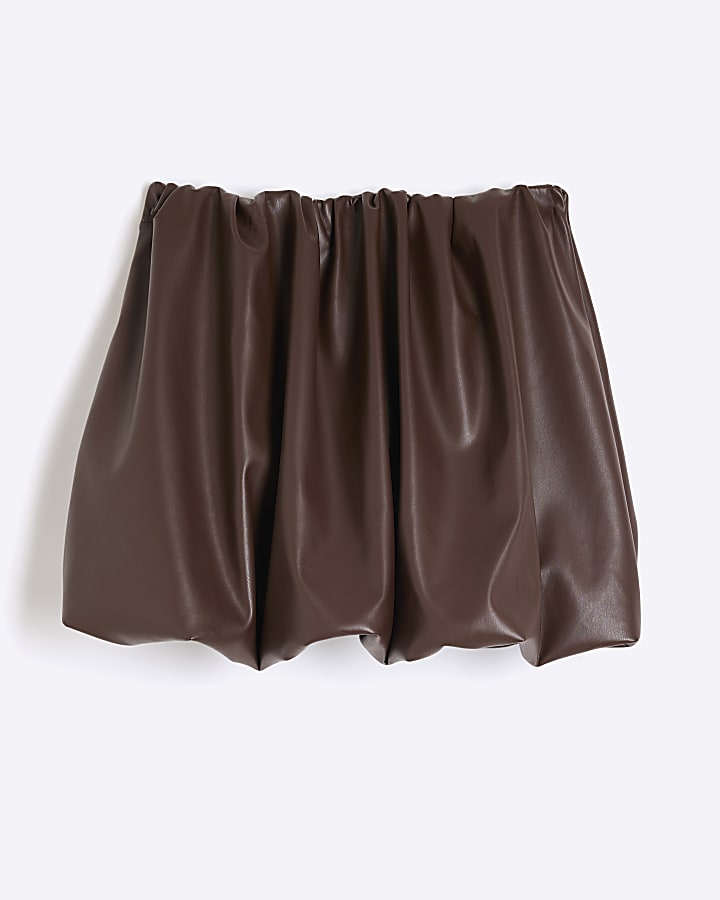 Brown Faux Leather Bubble Hem Mini Skirt