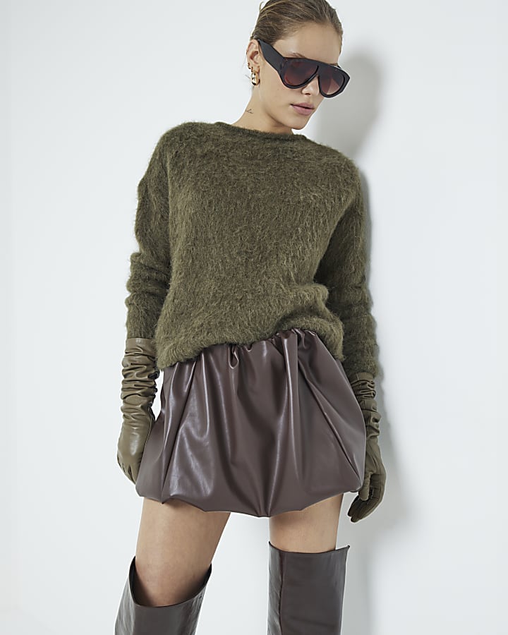 Brown Faux Leather Bubble Hem Mini Skirt