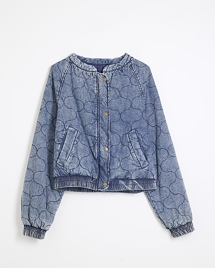 Blue Long Sleeve Quilted Bomber Jacket