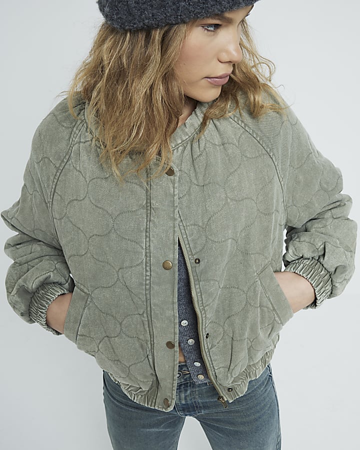 Khaki Long Sleeved Quilted Bomber Jacket