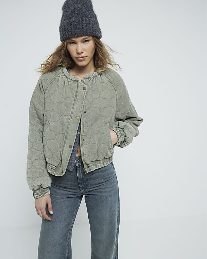 Khaki Long Sleeved Quilted Bomber Jacket