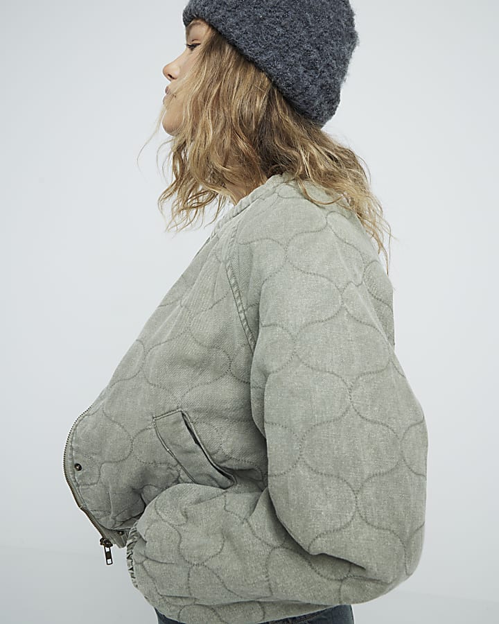 Khaki Long Sleeved Quilted Bomber Jacket