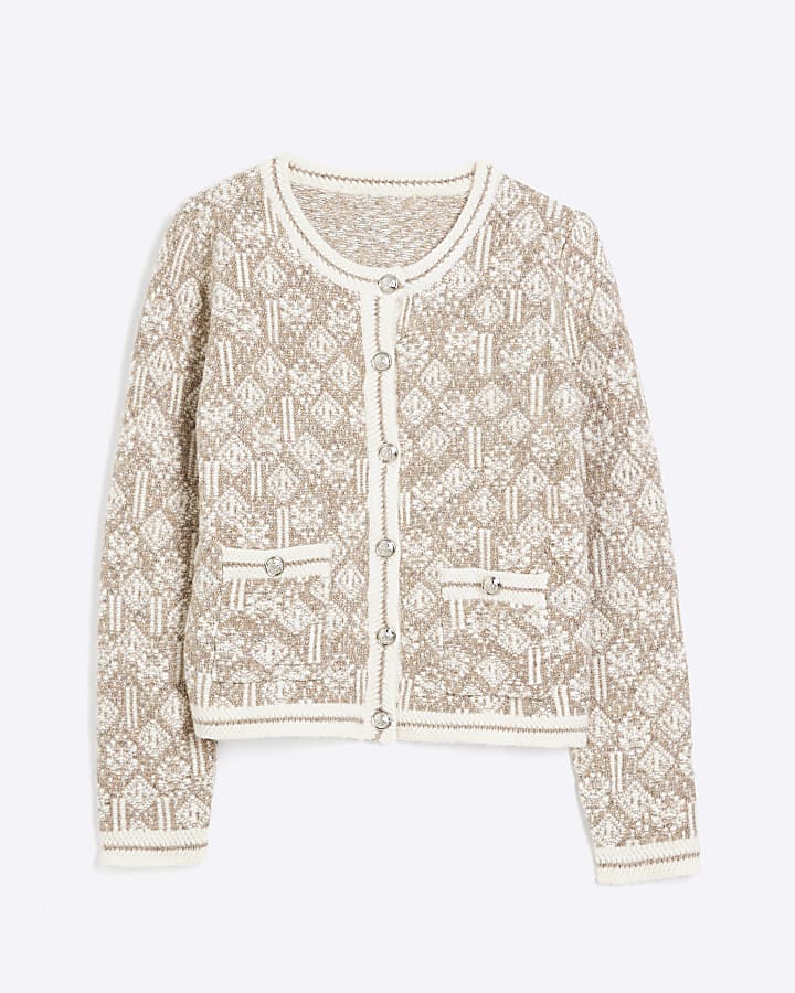 Beige Geometric Knit Cardigan