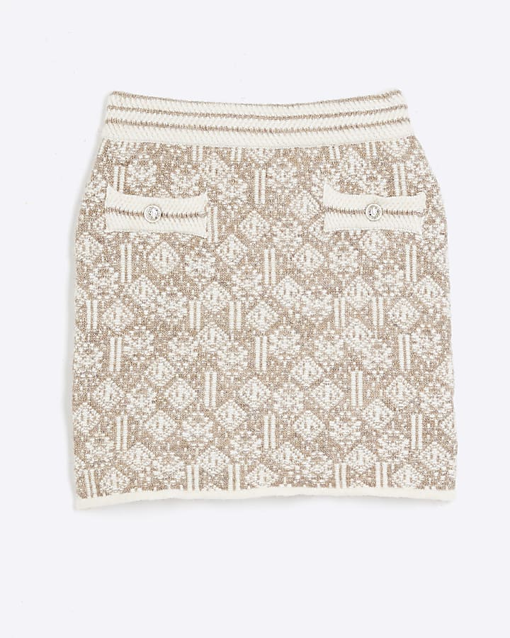 Beige Geometric Mini Knit Skirt