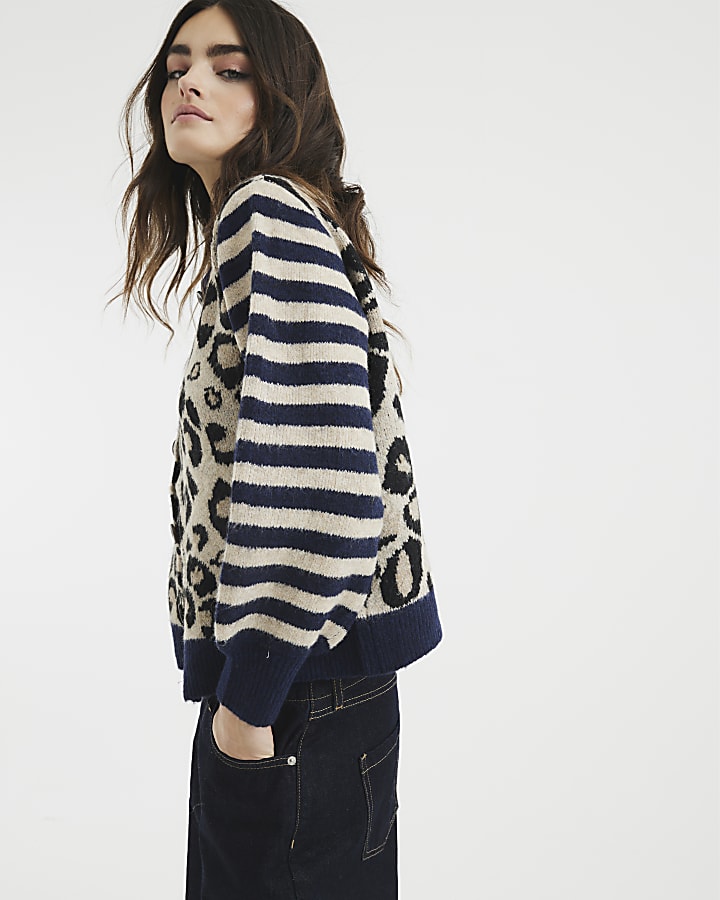 Navy Long Sleeve Leopard Stripe Cardigan