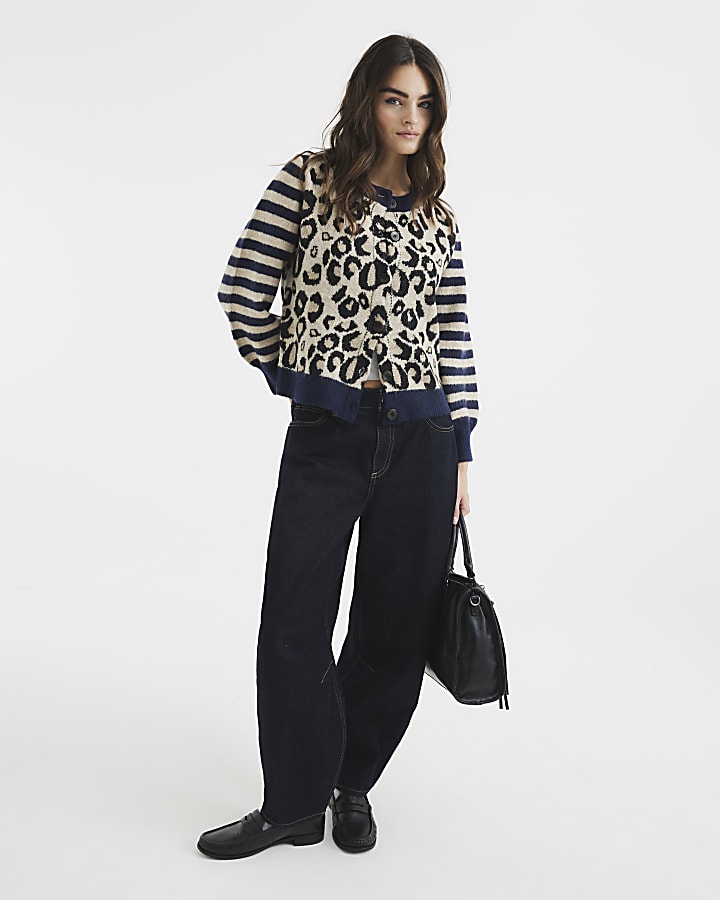 Navy Long Sleeve Leopard Stripe Cardigan