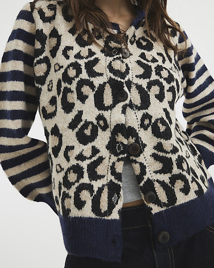 Navy Long Sleeve Leopard Stripe Cardigan