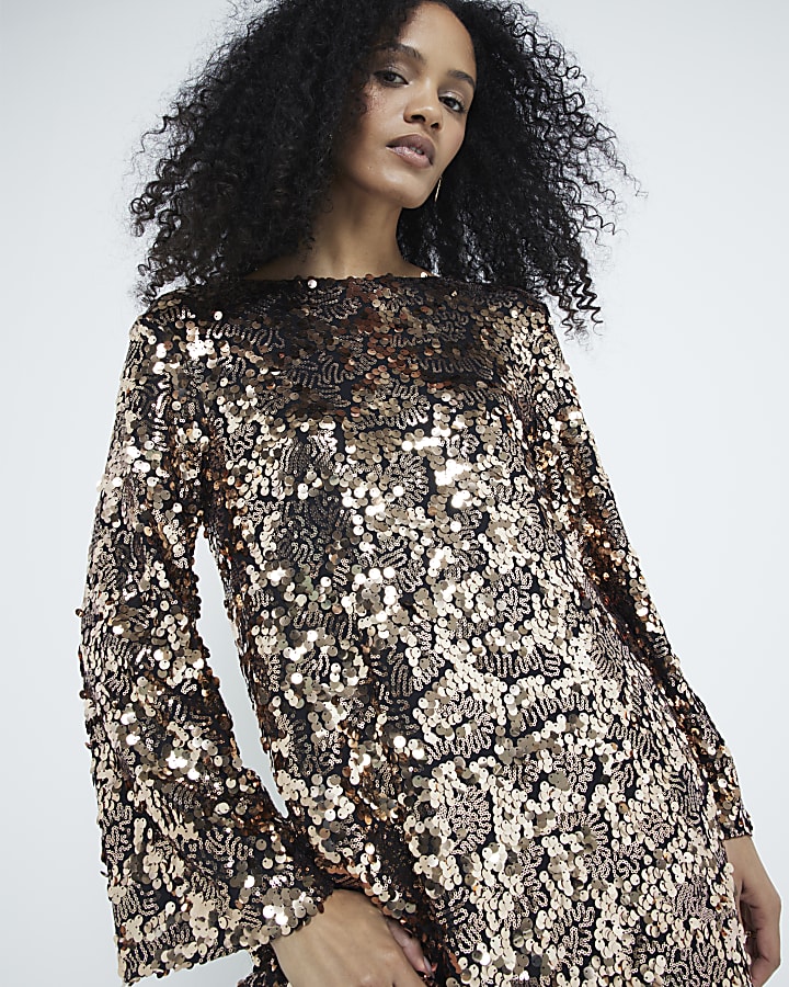 Rose Gold Bow Back Sequin Shift Dress