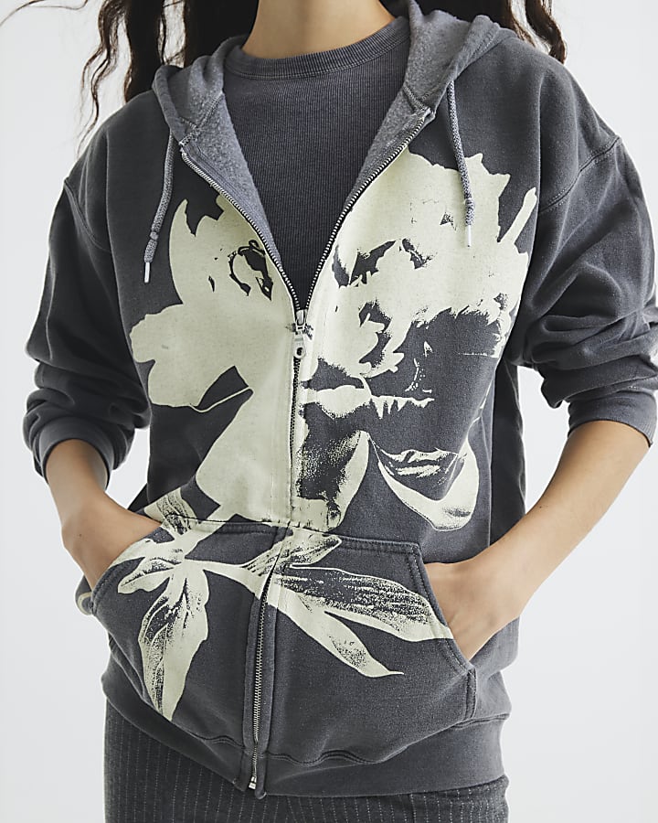 Grey Floral Zip Up Hoodie River Island