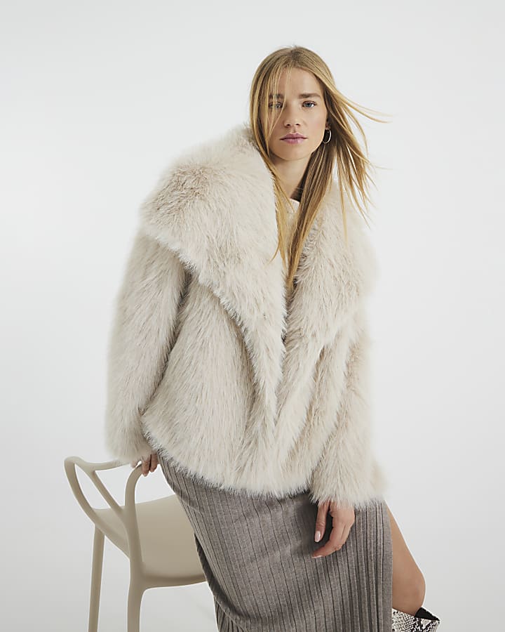 Beige Faux Fur Long Sleeve Jacket