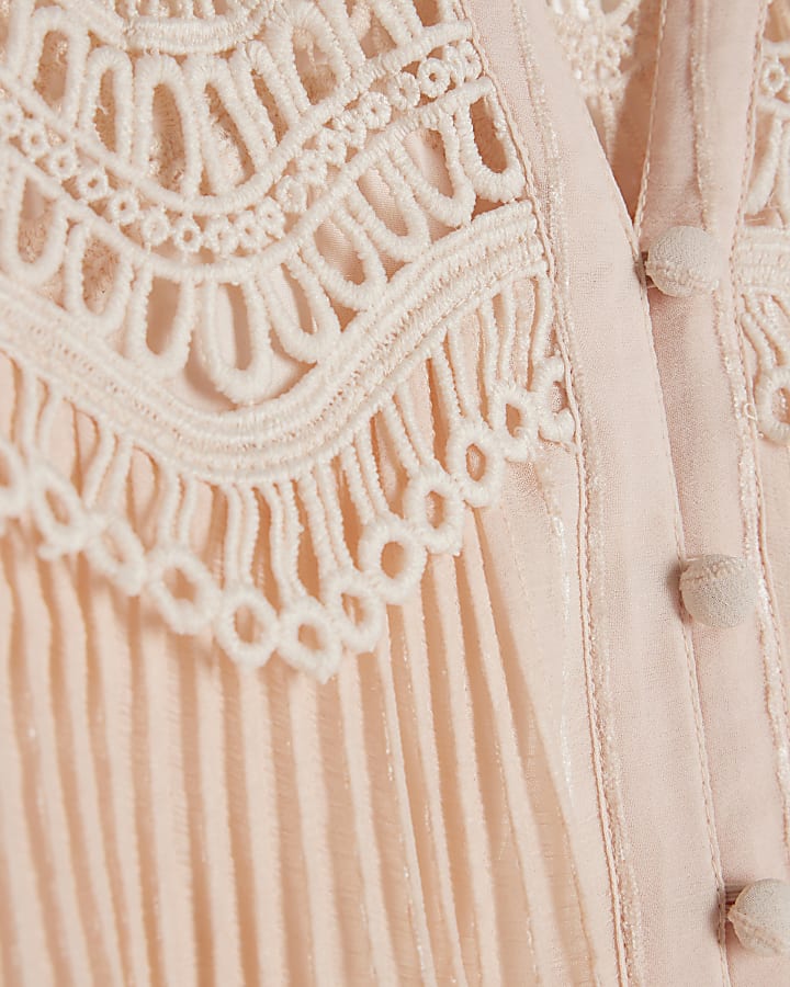 Pink Long Sleeve Pleated Lace Blouse